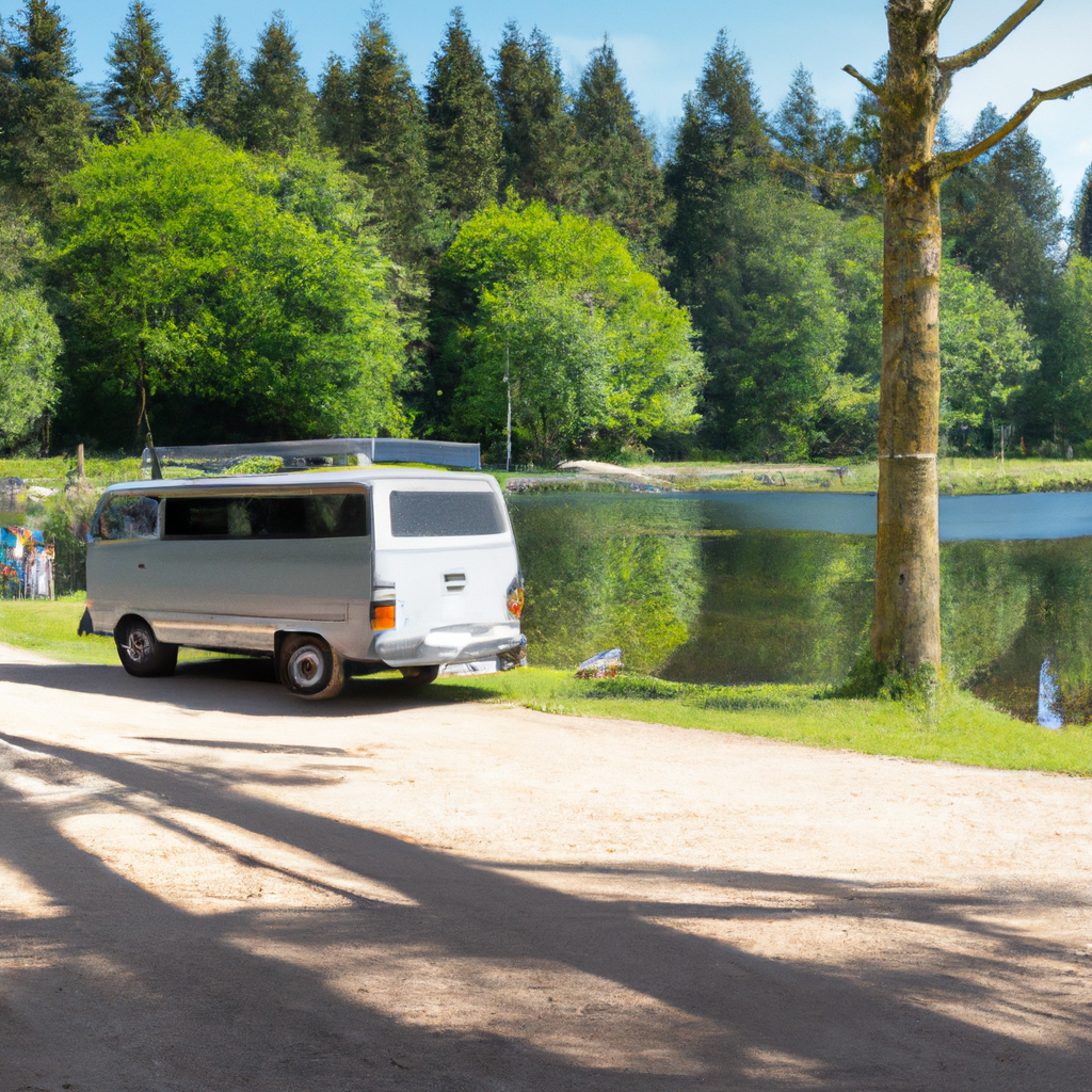 amazing - modern Volkswagen Type 2 (T4) Eurovan in sleek silver color, parked in a scenic campground with a family enjoying a