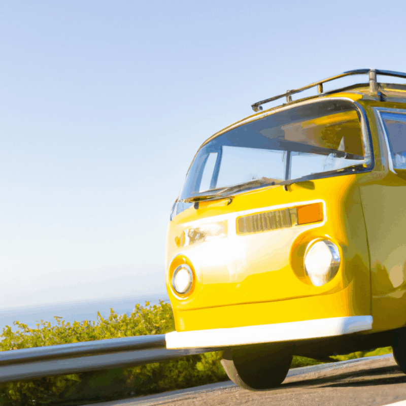 vibrant yellow VW Bus 'Sunshine' edition cruising down a scenic coastal road, retro design with chrome accents and sunroof, cheerful and inviting atmosphere
