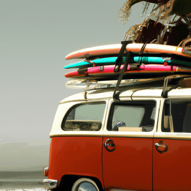 Vintage Volkswagen Type 2 parked on a beach with surfboards on top, capturing the nostalgic California lifestyle of the 1960s