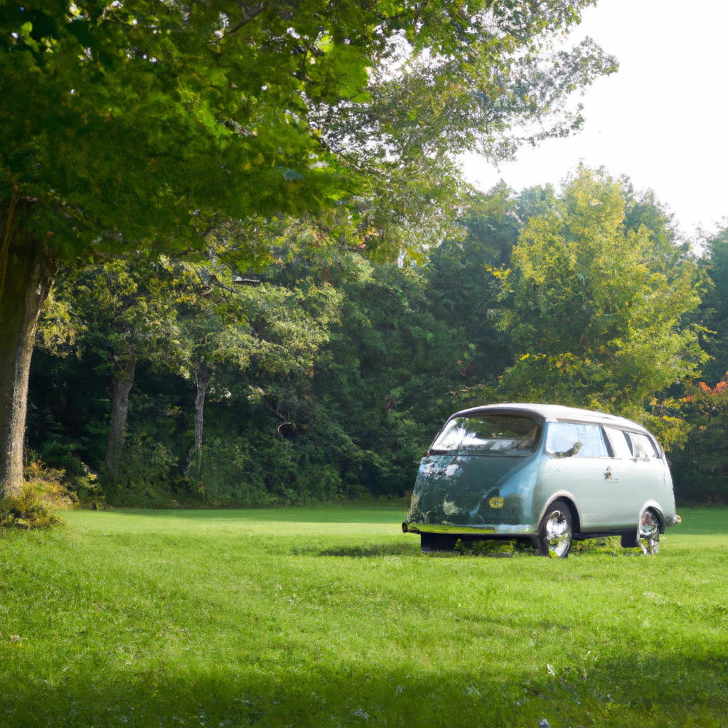 history - Vintage Volkswagen Type 2 parked in a lush green campground, showcasing its timeless appeal and connection to natur