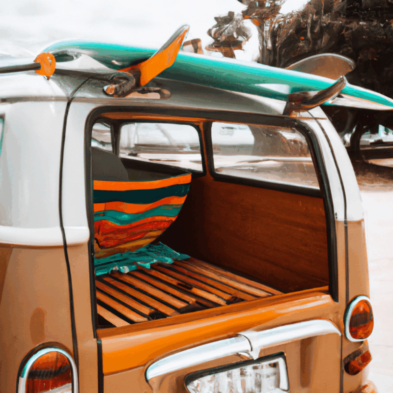 classic Volkswagen Type 2 (T1) parked on a beach with surfboards on the roof, retro color palette, nostalgic summer vibes