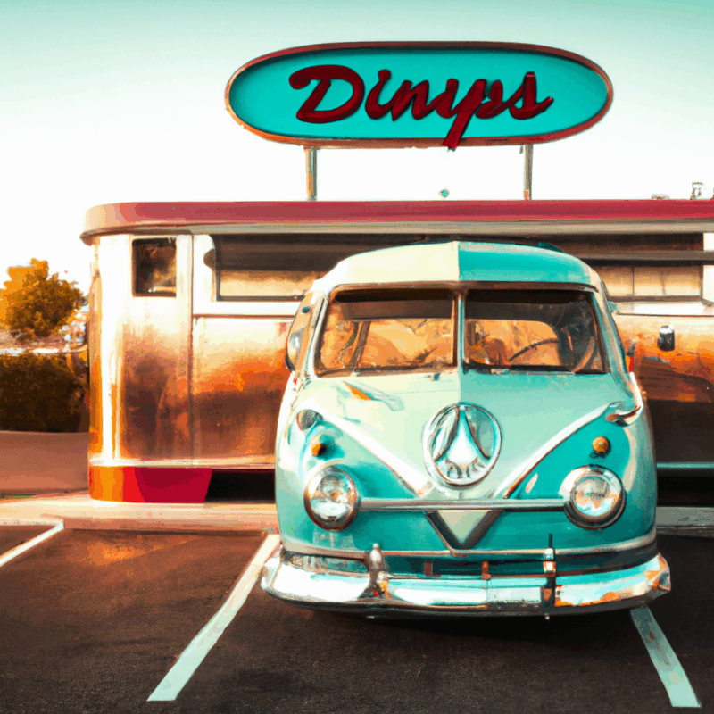 vintage Volkswagen Type 2 parked in front of a retro roadside diner, classic Americana vibe with neon signs and chrome details, nostalgic 1950s aesthetic, vibrant colors and sunny weather
