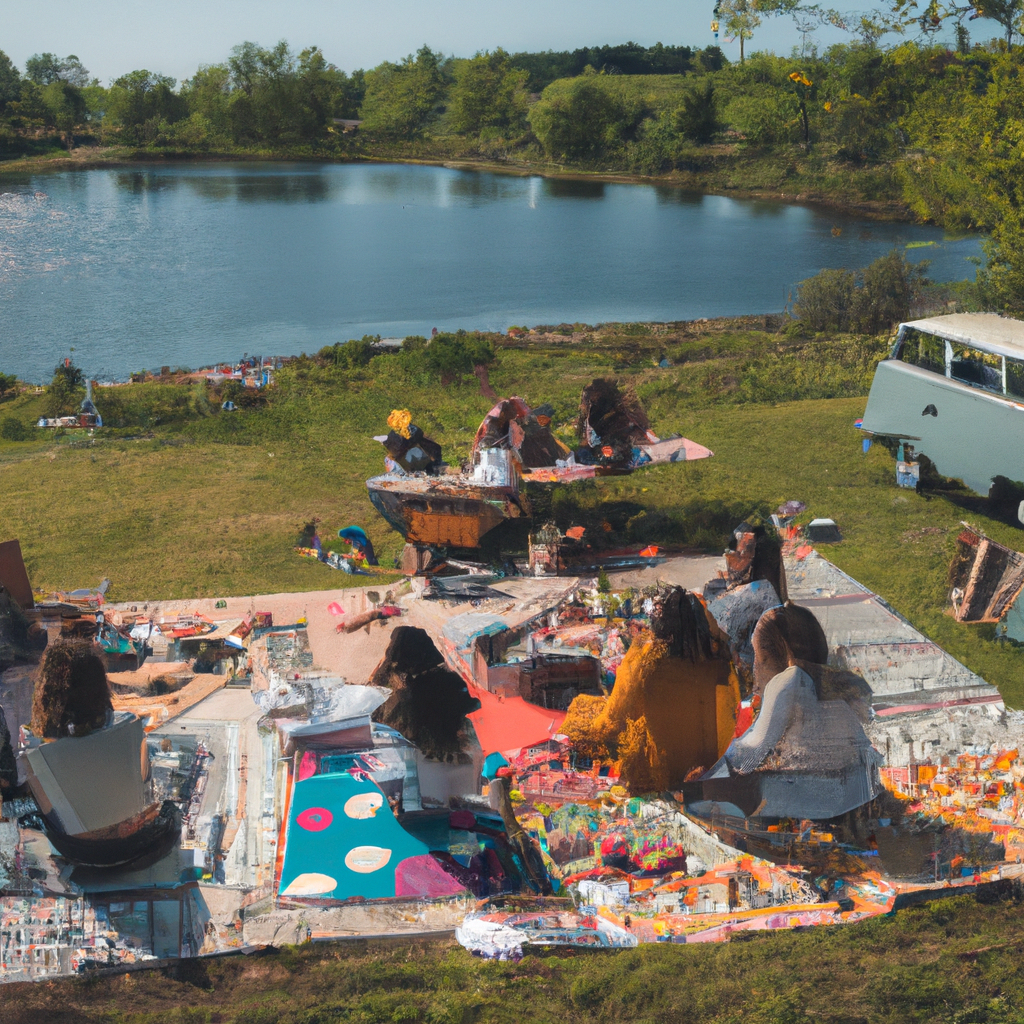history - diverse group of people enjoying a picnic by a lake next to a vintage Volkswagen Type 2, summer vibes with sunshine