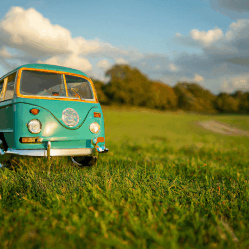 early VW Bus model parked in a scenic countryside setting, showcasing its classic design and vintage appeal
