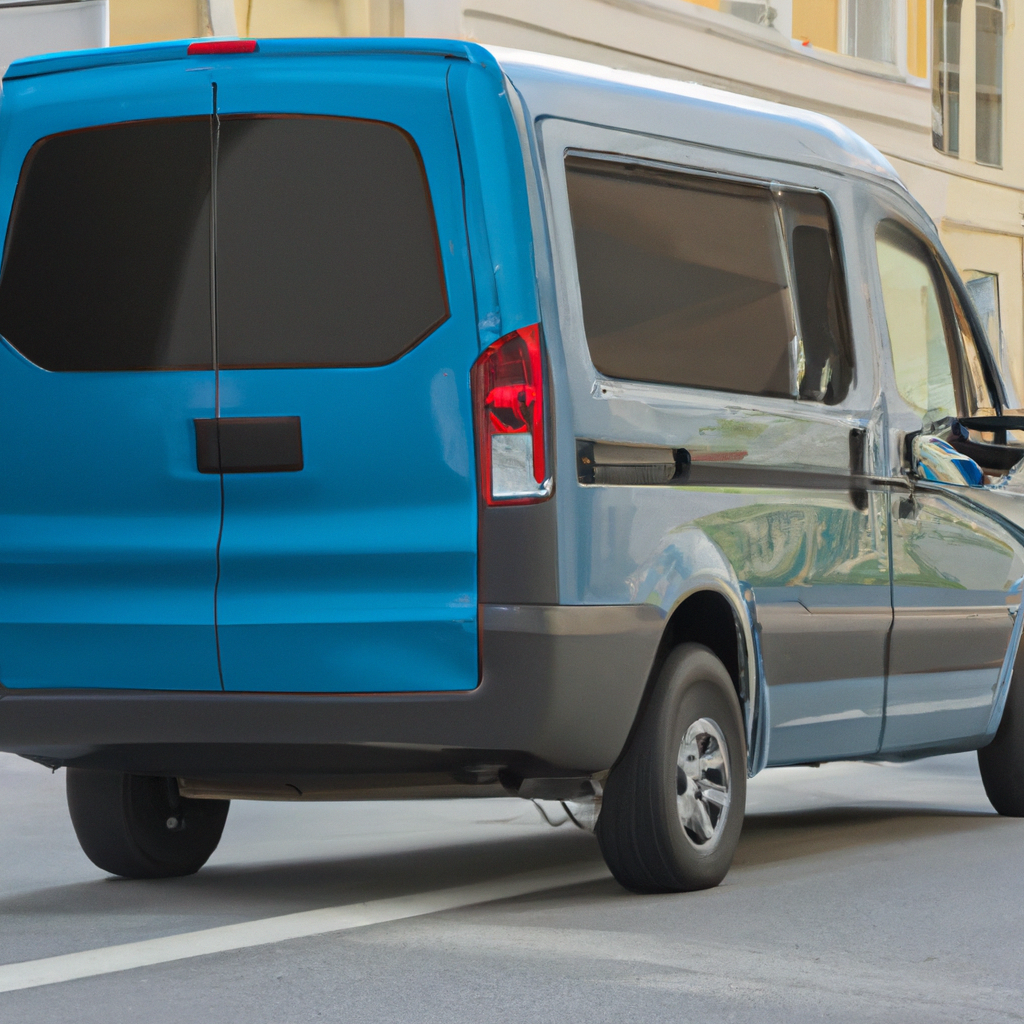famous - Ram ProMaster City driving through a bustling city street, compact design, versatile features, blue color, maneuvera