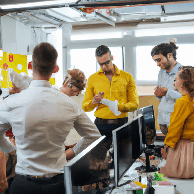 Team collaborating in a modern office setting, brainstorming ideas and working together to implement new strategies for success
