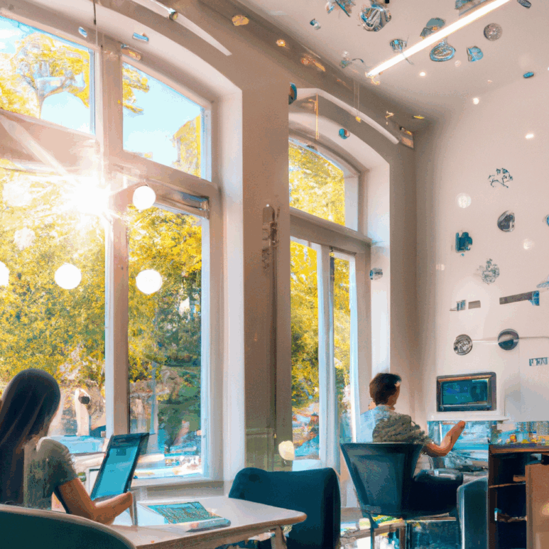 modern office with glass walls and people working on laptops, cozy Italian café terrace with coffee cups and notebooks, peaceful city park with green trees and stone pathways, minimalist living room interior with sunlight through large windows, futuristic AI holographic brain with neon lights, university library with tall bookshelves and students studying, warm natural sunlight, cinematic atmosphere, ultra realistic, highly detailed, 8k quality, photorealistic