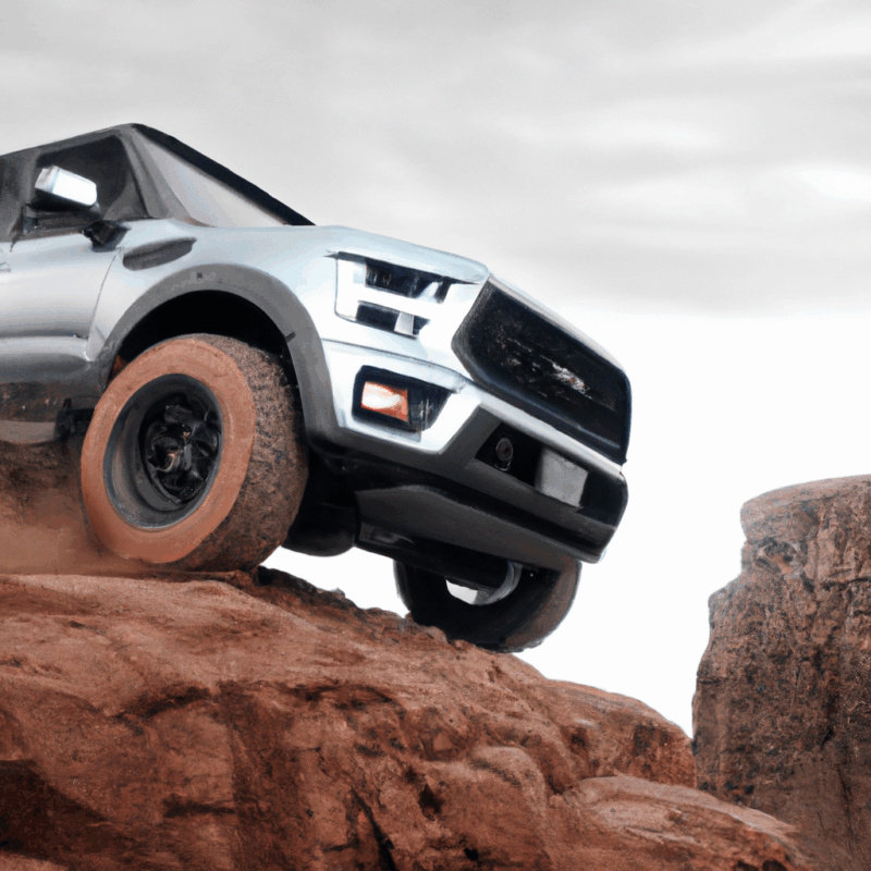 Ford Bronco conquering rocky terrain with dust clouds in the background, rugged design, powerful stance, offroad tires, LED headlights, spacious interior with modern tech features, adventurous spirit
